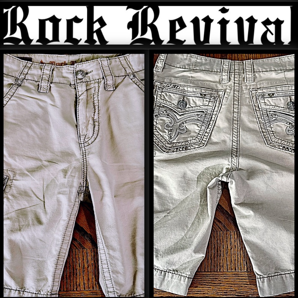 Rock Revival Buckle Cargo Shorts with Detailed Stitching and Embellishments